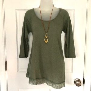 Sage Green Asymmetrical Hem, 3/4 Sleeved Sweater